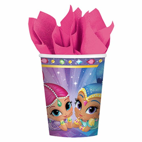 Colorful Shimmer & Shine paper cups, 266ml, pack of 8, perfect for brightening birthday parties and festive gatherings.