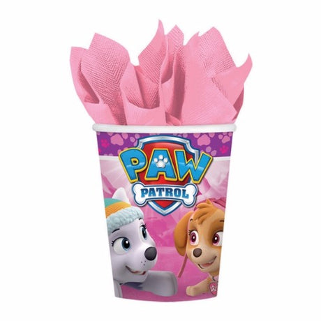 Colorful Paw Patrol paper cups (266ml) featuring Skye and friends, perfect for kids' parties and celebrations. Pack of 8.