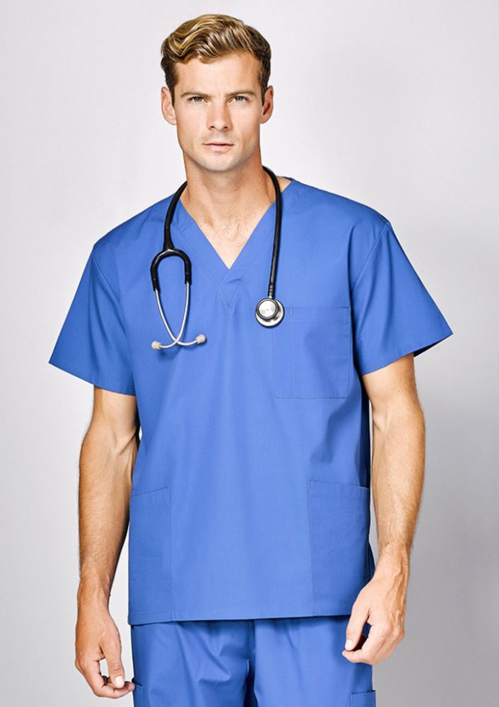 Navy unisex scrub top, loose fit, blend of polyester and cotton, ideal for healthcare professionals in XL size.