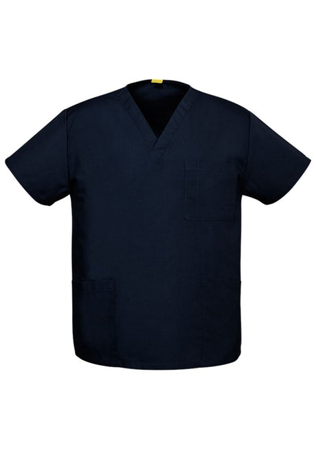 Navy unisex scrub top in large, made from a breathable polyester-cotton blend, designed for comfort and professional wear.