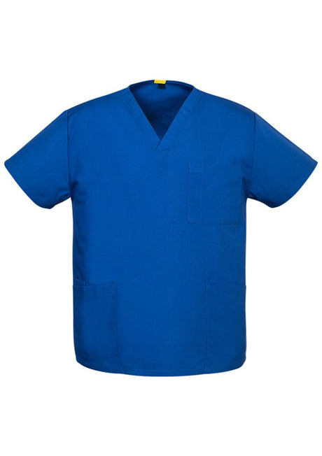 Royal blue unisex Advatex Johnson Scrub Top in XS, featuring a loose fit and durable blend of polyester and cotton.