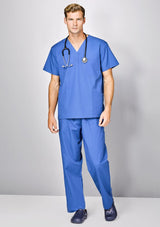 Navy unisex scrub pants made of breathable polyester-cotton blend, designed for comfort and durability in professional settings.