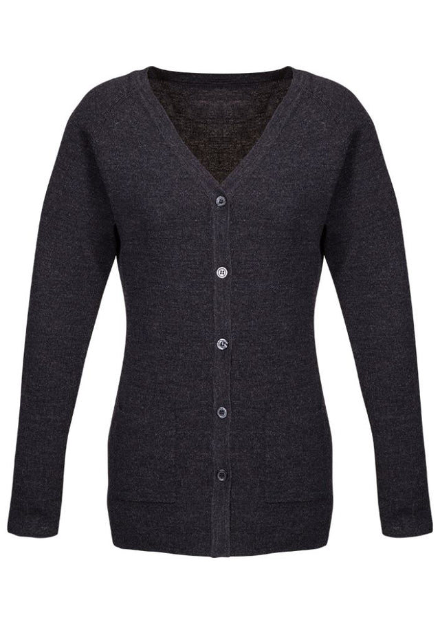 Charcoal Advatex Ladies Varesa Cardigan, medium size, featuring wool blend, front pockets, and stylish tubular hem.