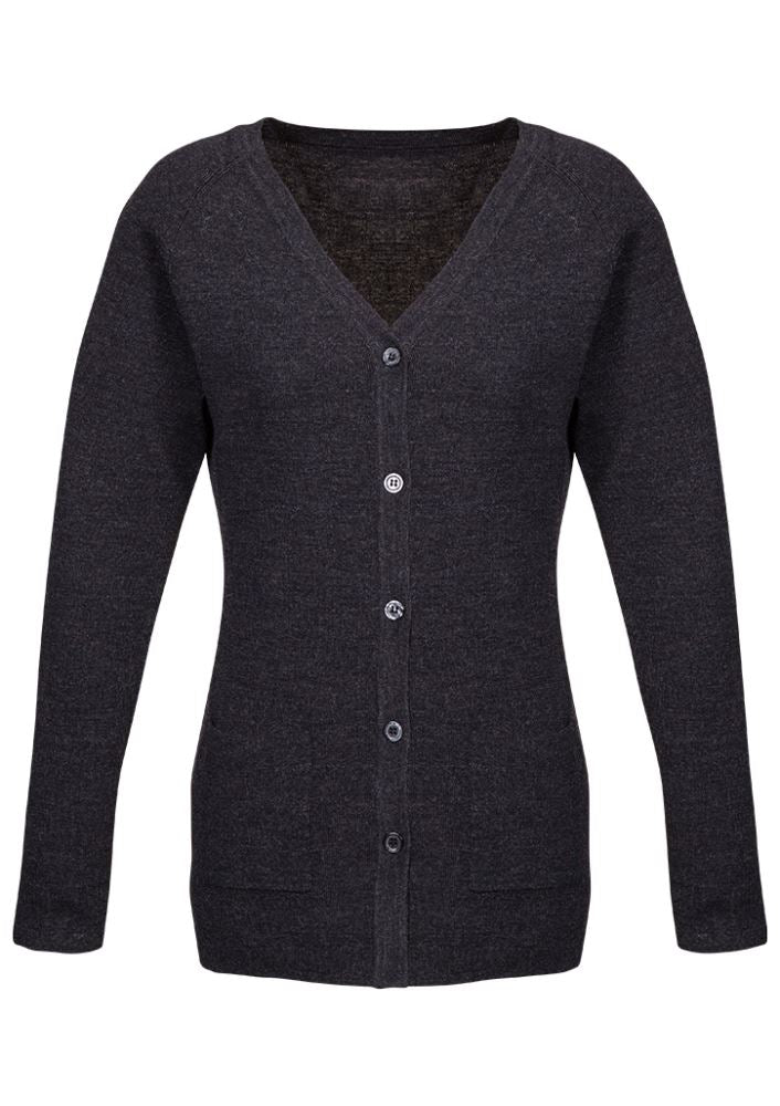 Advatex Ladies Varesa Cardigan in charcoal, featuring double knitting, pockets, and a polished tubular hem for versatile styling.