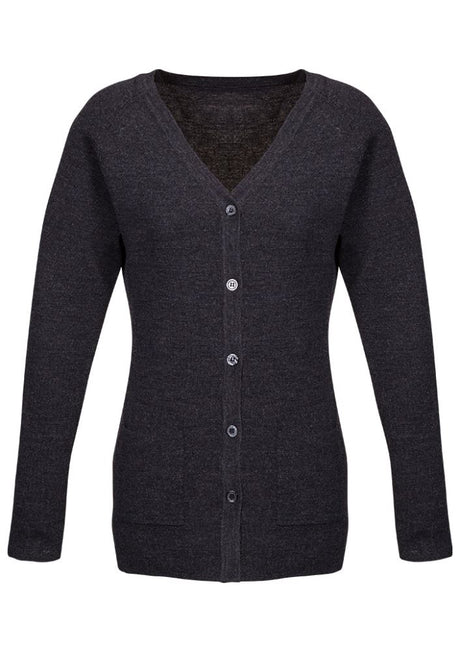 Advatex Ladies Varesa Cardigan in charcoal, featuring double knitting, pockets, and a polished tubular hem for versatile styling.