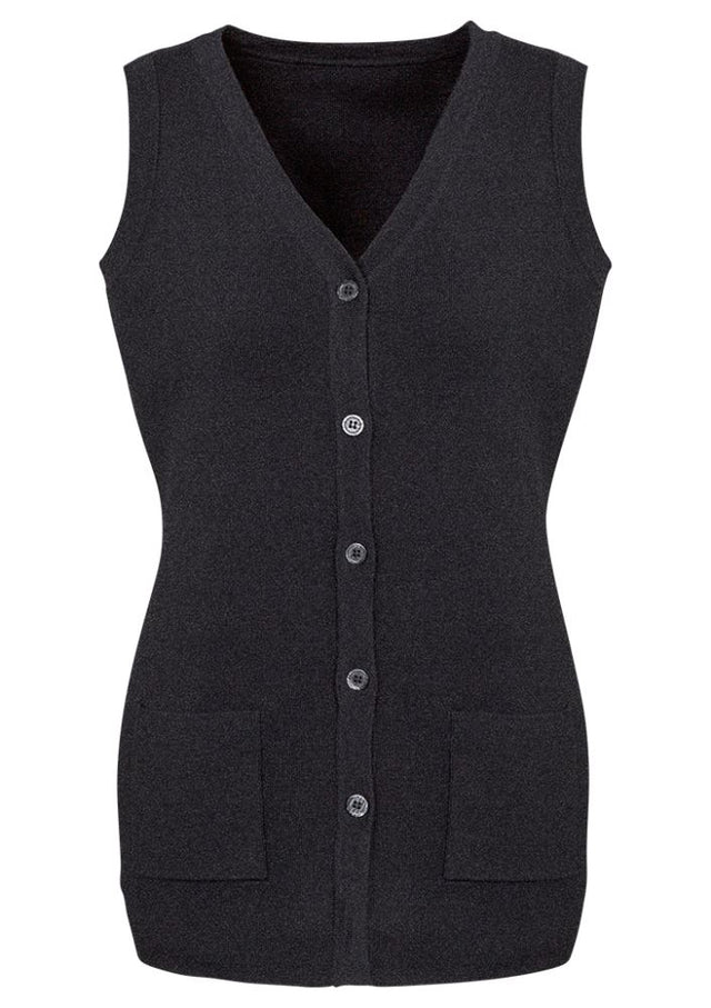 Stylish charcoal vest for ladies in 2XL, made from 50% wool and 50% acrylic, featuring double-knit design and front pockets.