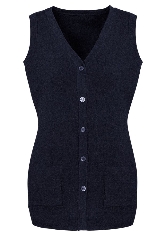 Navy Advatex Ladies Varesa Vest in 4XL, featuring wool blend fabric, front pockets, and a polished tubular hem.