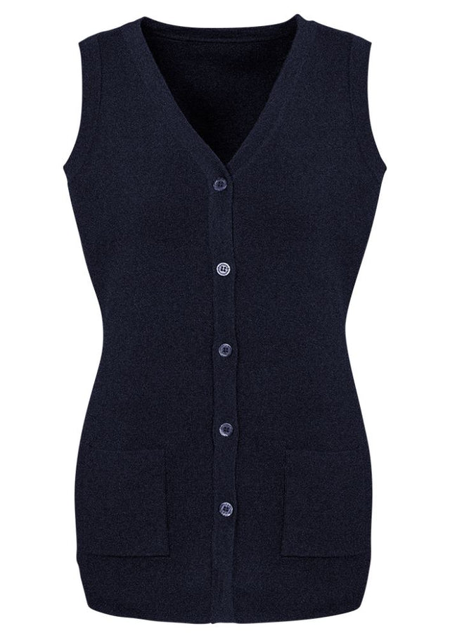 Navy Advatex Ladies Varesa Vest in 4XL, featuring wool blend fabric, front pockets, and a polished tubular hem.