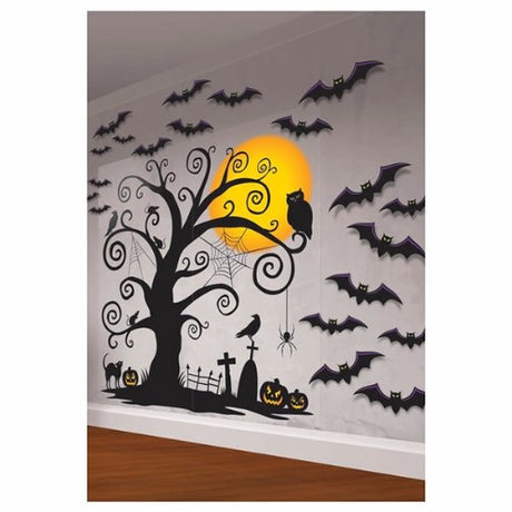 Halloween Wall Decorating Kit featuring 2 large spooky wall decorations and 30 assorted cutouts for festive home decor.