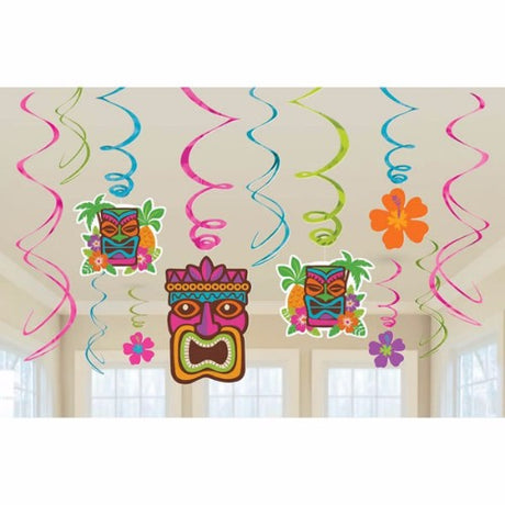 Vibrant tiki-themed hanging swirl decorations in a pack of 12, perfect for tropical parties and festive events.