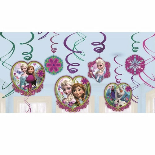 Colorful Frozen-themed hanging swirl decorations in a pack of 12, featuring beloved characters for magical party vibes.