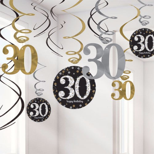 Black sparkling hanging swirls for 30th birthday, featuring 12 stylish decorations with cutouts for festive decor.