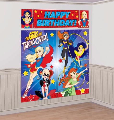 Colorful Super Hero Girls Scene Setter Kit with large banners and decorations for an epic birthday celebration.