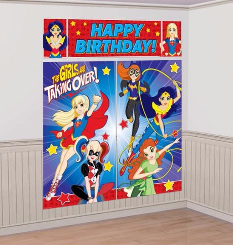 Colorful Super Hero Girls Scene Setter Kit with large banners and decorations for an epic birthday celebration.