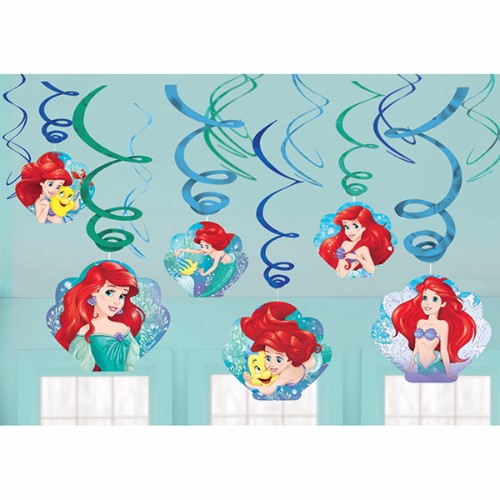 A pack of 12 vibrant hanging swirls featuring Ariel and friends, perfect for Little Mermaid-themed celebrations.