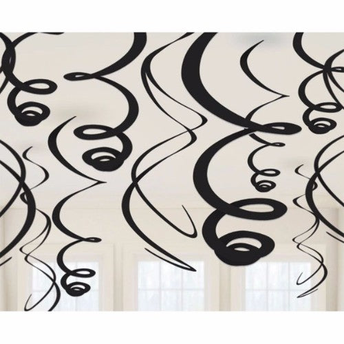 Black Hanging Swirls Decoration, 55.8cm long, pack of 12, perfect for stylish party decor and celebrations.