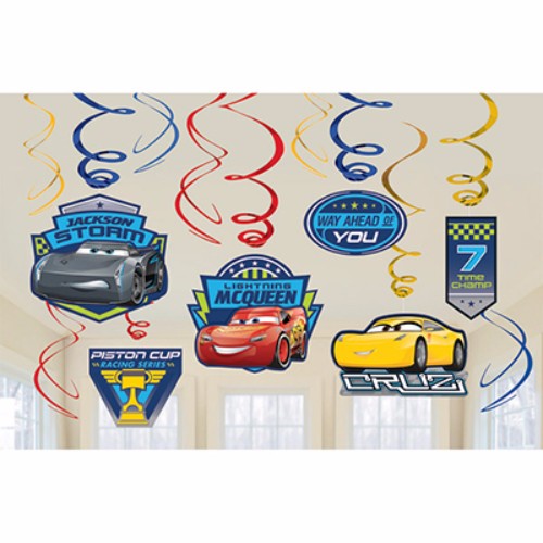 Colorful Cars 3 hanging swirls with foil and character cutouts perfect for themed birthday parties and celebrations.