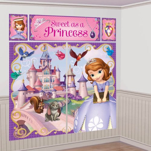 "Sofia The First Scene Setter Kit featuring vibrant panels for enchanting princess-themed decor at parties or playrooms."