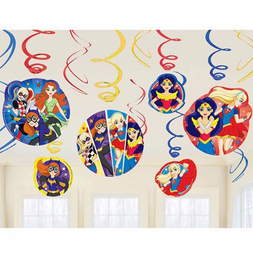 Vibrant Super Hero Girls hanging swirl decorations featuring foil swirls and character cutouts for fun party decor.