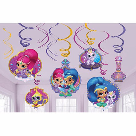 Colorful Shimmer & Shine hanging swirls decorations, pack of 12, ideal for enhancing party ambiance and theme.