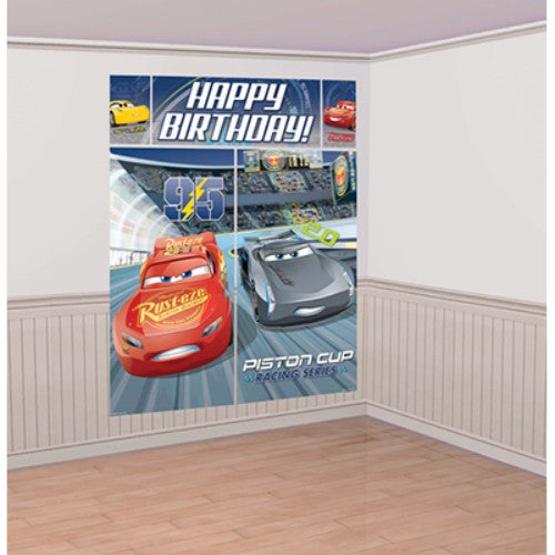 Vibrant Cars 3 birthday decoration kit with scenes of Lightning McQueen and friends, featuring large panels and fun cutouts.