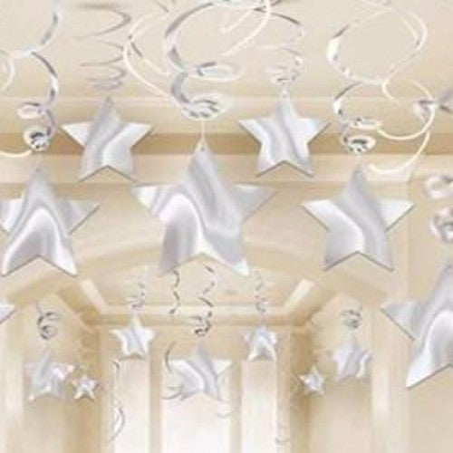 Silver hanging star decorations, pack of 30, perfect for festive events with 14 swirls and 16 cutouts for a glamorous display.