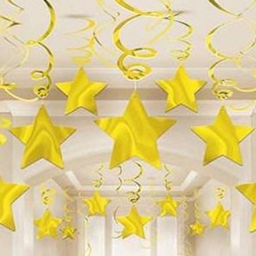 Gold Hanging Decoration Stars pack of 30, featuring 14 foil swirls and 16 cutouts, perfect for festive celebrations.