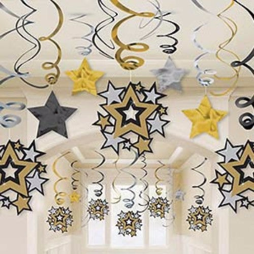 Colorful hanging swirls and cutouts for Hollywood-themed parties, ideal for vibrant decor and unforgettable celebrations.