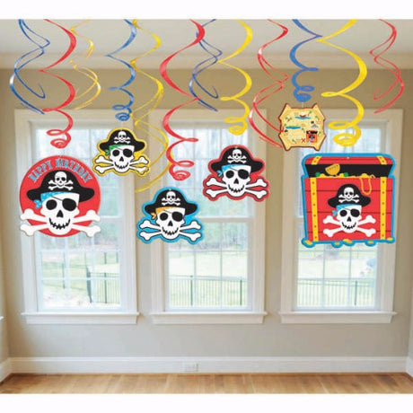 Vibrant pirate-themed hanging swirls in a value pack, perfect for parties and events, enhancing decor with playful motifs.