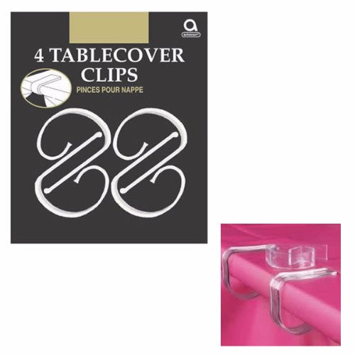 Clear plastic tablecover clips, pack of 4, designed to secure tablecloths and enhance dining setups indoors and outdoors.