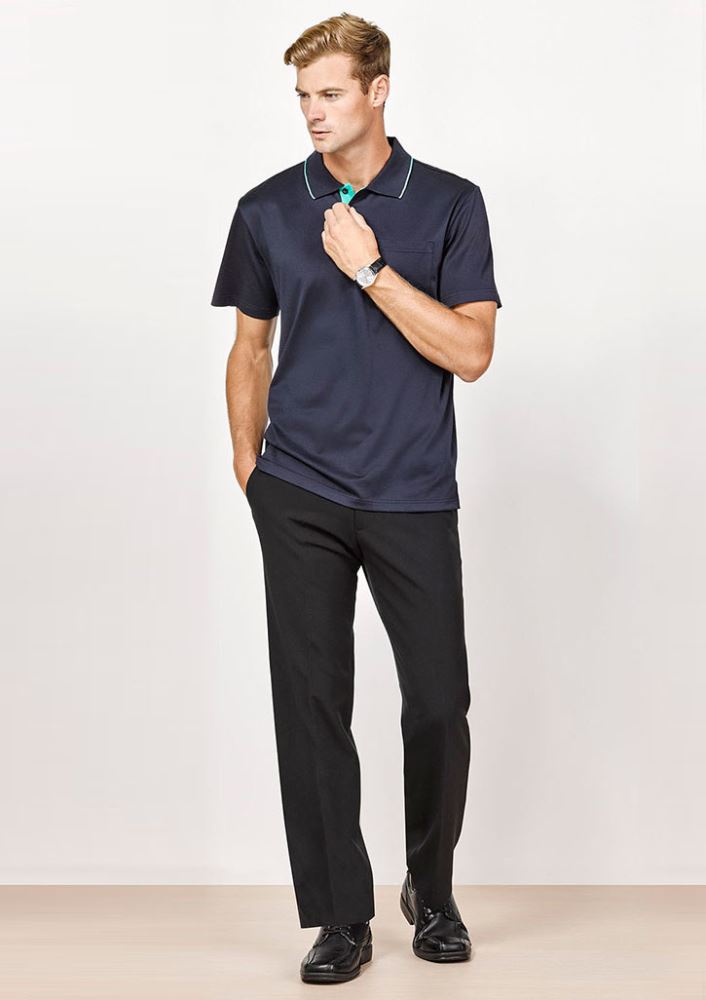 Navy adjustable waist pants for men featuring hidden elastic, deep pockets, and a polished leg design for professional comfort.