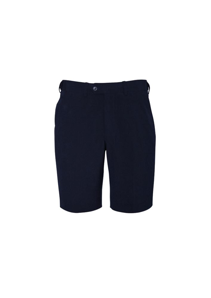 Navy men's adjustable waist shorts by Advatex, featuring a hidden elastic band for comfort and a professional look.