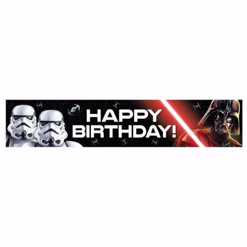 Star Wars Happy Birthday banner, 150cm x 30cm, featuring iconic characters for themed celebrations and unforgettable parties.