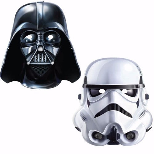 Pack of 8 Star Wars masks featuring Stormtroopers and Darth Vader, perfect for parties and cosplay adventures.