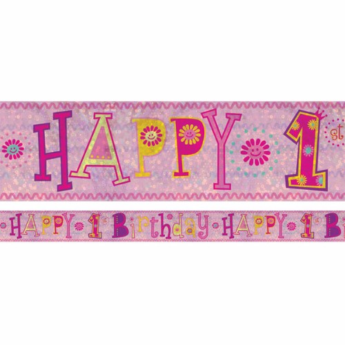 Holographic foil banner reading "Happy 1st Birthday Girl", perfect for celebrating your daughter's milestone.