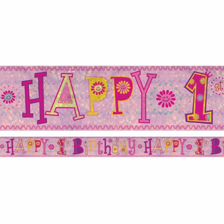 Holographic foil banner reading "Happy 1st Birthday Girl", perfect for celebrating your daughter's milestone.