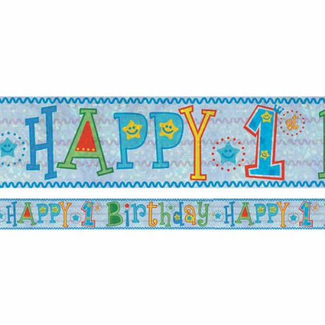 Vibrant Happy 1st Birthday boy foil banner, 2.7m long with holographic design, perfect for festive celebrations.