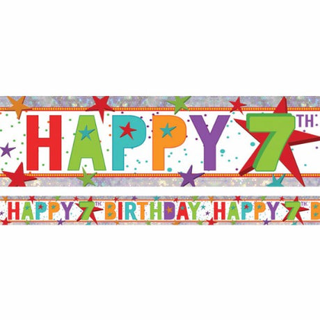Holographic banner reading "Happy 7th Birthday," 2.7m long, perfect for colorful party themes and easy to hang.
