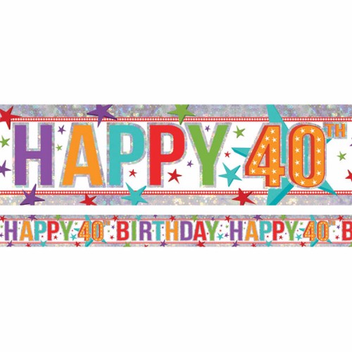 Vibrant holographic foil banner for 40th birthdays, 2.7m long with dazzling repeating design, perfect for festive celebrations.
