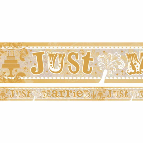 Just Married holographic banner measuring 2.7m x 13cm, perfect for elegant wedding decor and memorable photo backdrops.