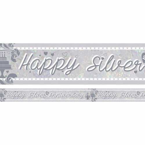 Holographic silver "Happy Anniversary" banner, 2.7m long, perfect for celebrating 25 years of love.