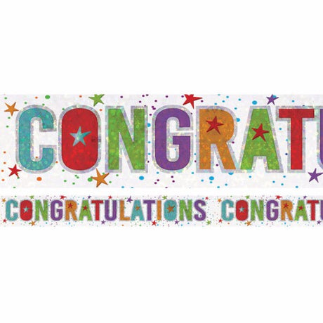 Holographic "Congratulations" banner, 2.7m x 13cm, vibrant design perfect for festive celebrations and photo backdrops.