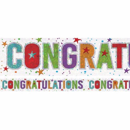 Holographic "Congratulations" banner, 2.7m x 13cm, vibrant design perfect for festive celebrations and photo backdrops.