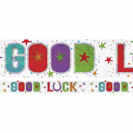 Holographic Good Luck banner, 2.7m long, sparkles with elegance for weddings and celebrations, perfect for indoor/outdoor use.