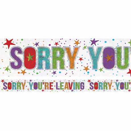 Holographic farewell banner measuring 2.7m x 13cm, featuring shimmering foil for memorable goodbye celebrations.