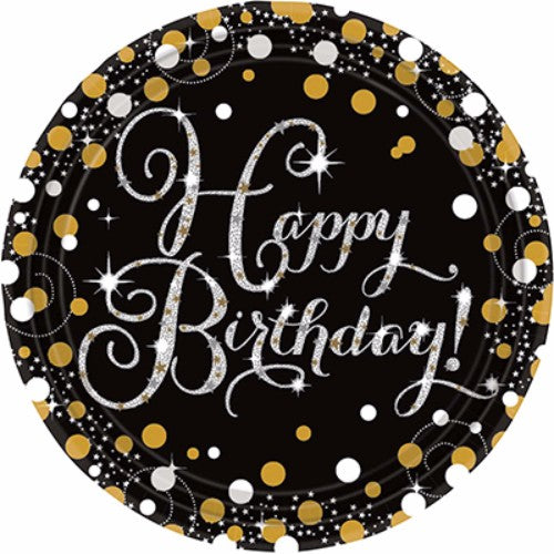 Elegant pack of 8 black dinner plates with gold and silver accents for birthday celebrations.