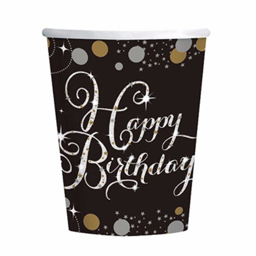 Sparkling black birthday cups with gold and silver accents, pack of 8, ideal for elegant party celebrations.