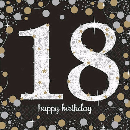 Sparkling Black 18th Birthday Lunch Napkins - Pack of 16