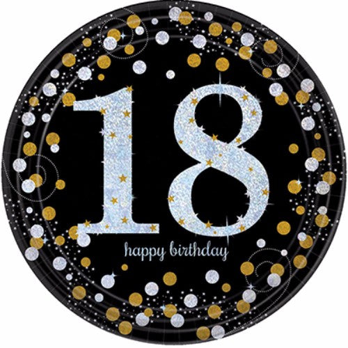 Sparkling Black 18 Happy Birthday Dinner Plates - Pack of 8