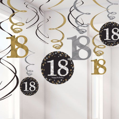 Elegant pack of 12 black hanging swirls for 18th birthday decor, featuring a mix of plain and cutout designs.